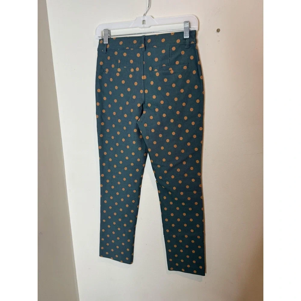 Free People Pants Womens 10 Green Polka Dot Twill Ankle Slim Crop Stretch Casual